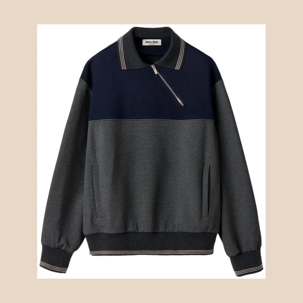 Polo-Neck Zipped Sweatshirt — Gray/Navy