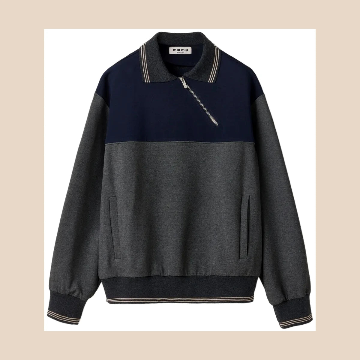 Polo-Neck Zipped Sweatshirt — Gray/Navy