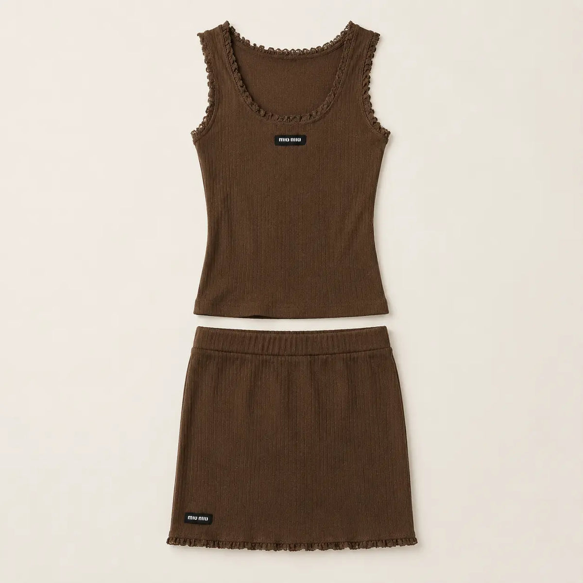 Brown Ribbed Tank Top and Skirt Set
