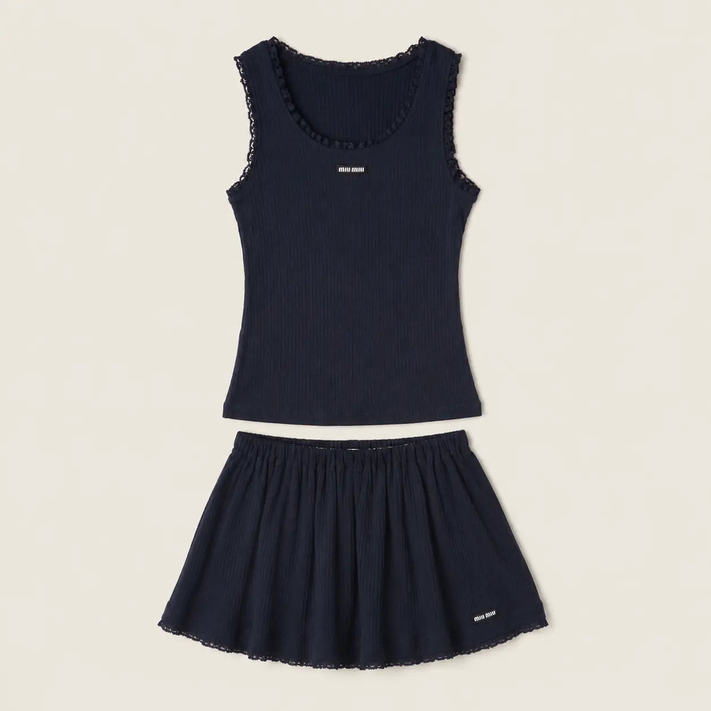 Navy Ribbed Tank Top and Skirt Set