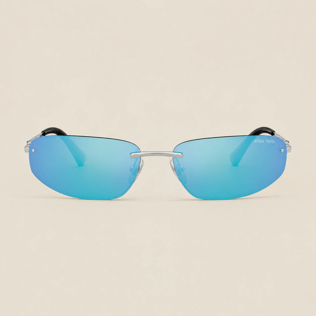 0MU A50S Oval Sunglasses -Silver-Light Green Mirror Blue