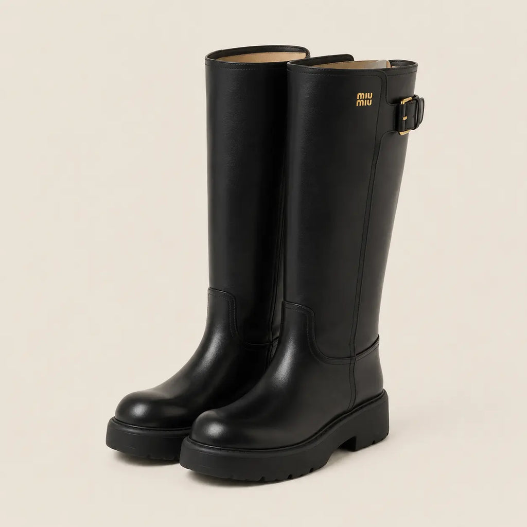 Black Leather Lug-Sole Riding Boots