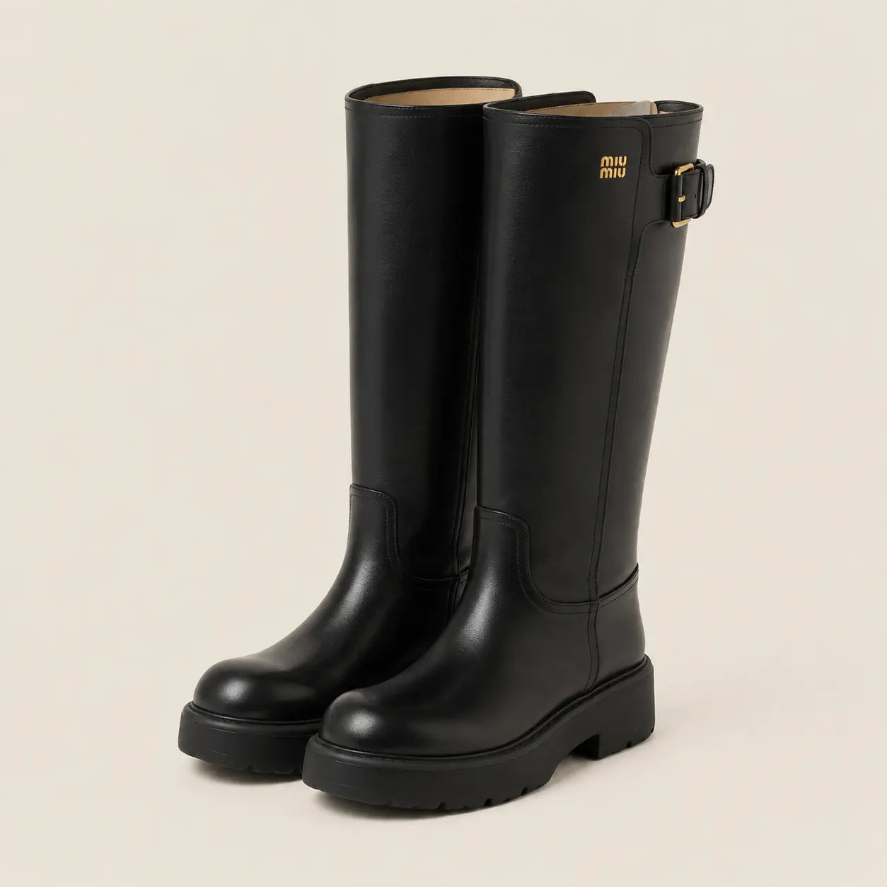 Black Leather Lug-Sole Riding Boots