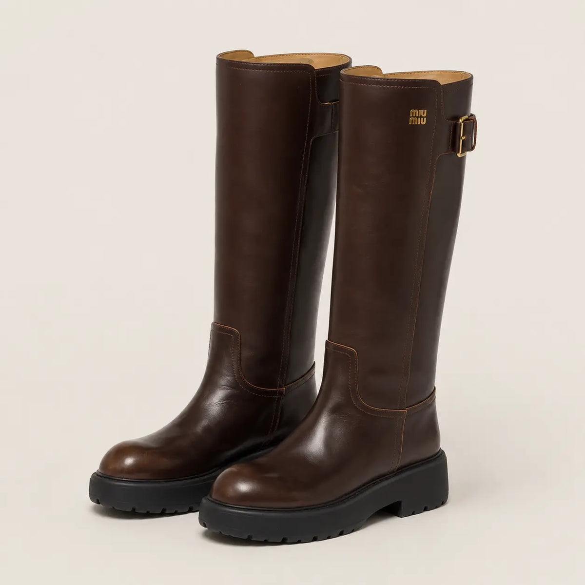 Dark Brown Leather Lug-Sole Riding Boots