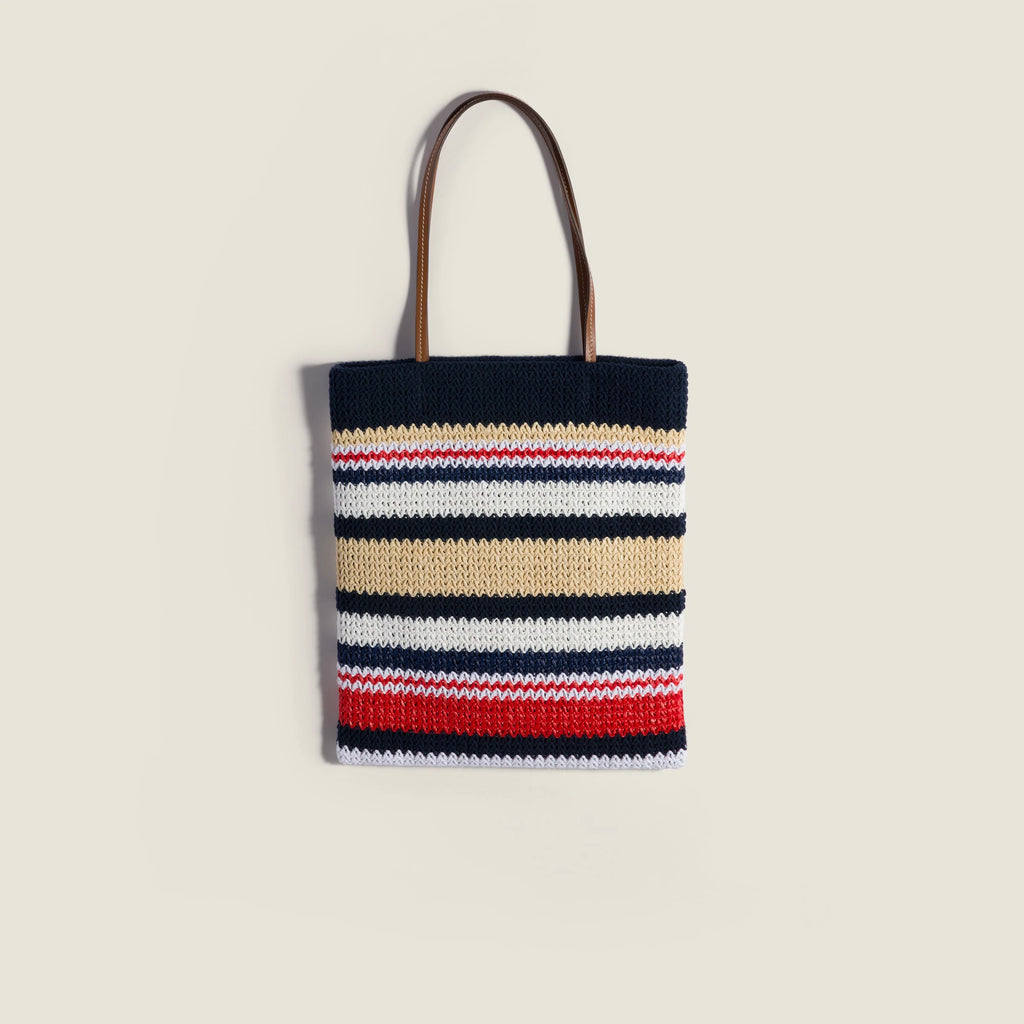 Raffia-effect woven tote bag - Blue/Red/Natural