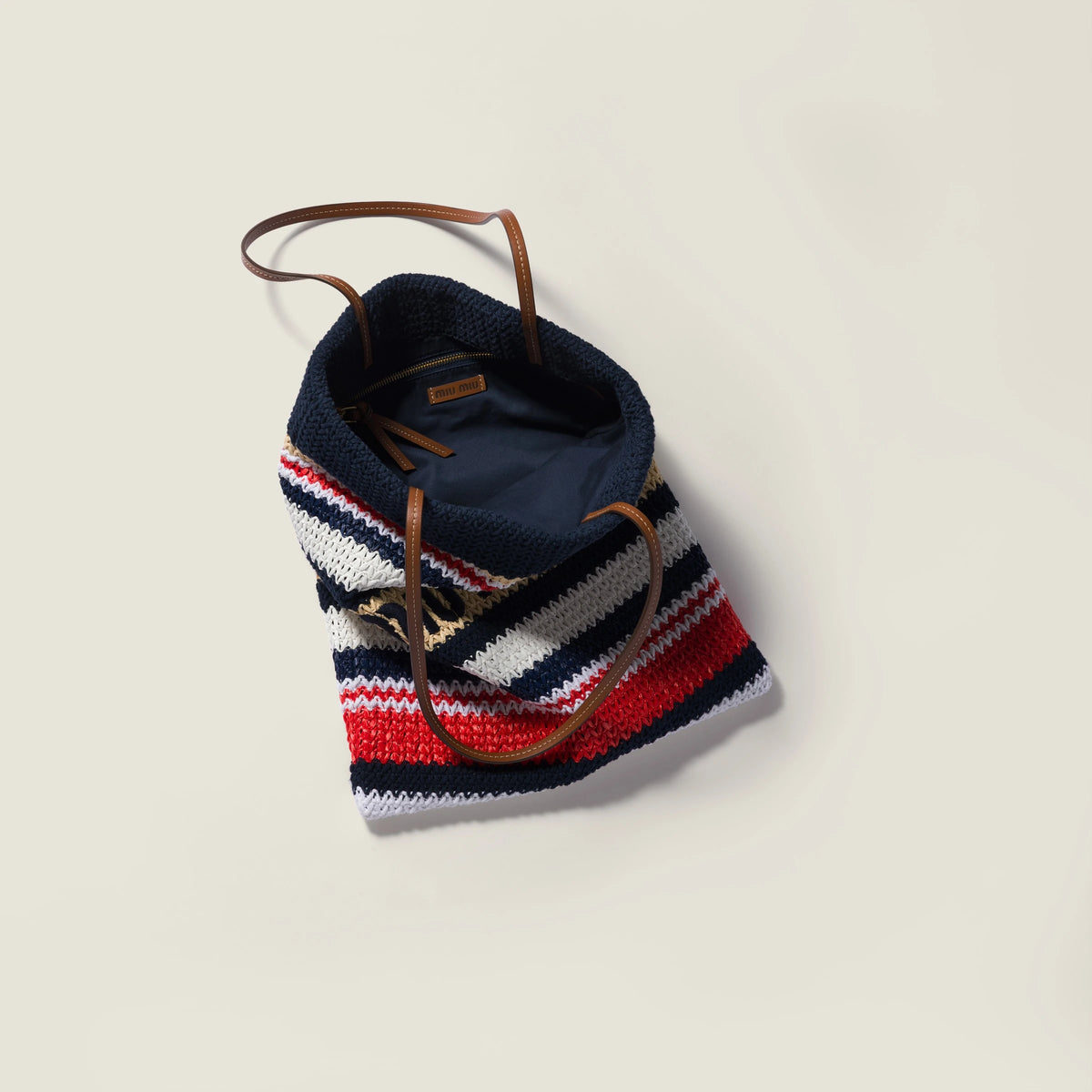 Raffia-effect woven tote bag - Blue/Red/Natural