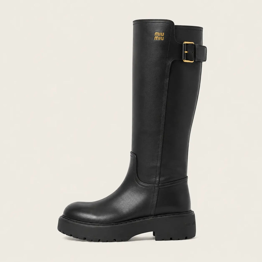 Black Leather Lug-Sole Riding Boots