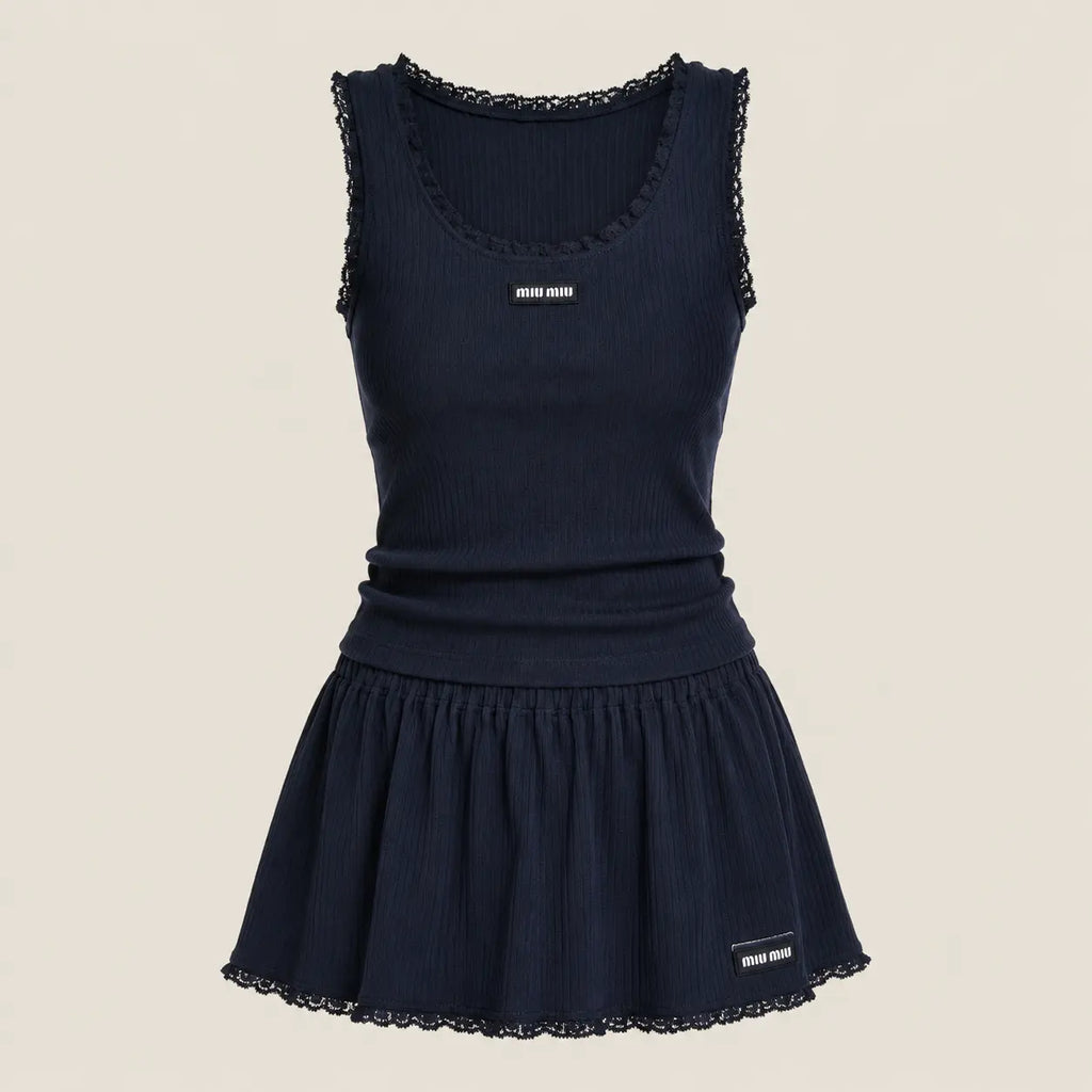 Navy Ribbed Tank Top and Skirt Set