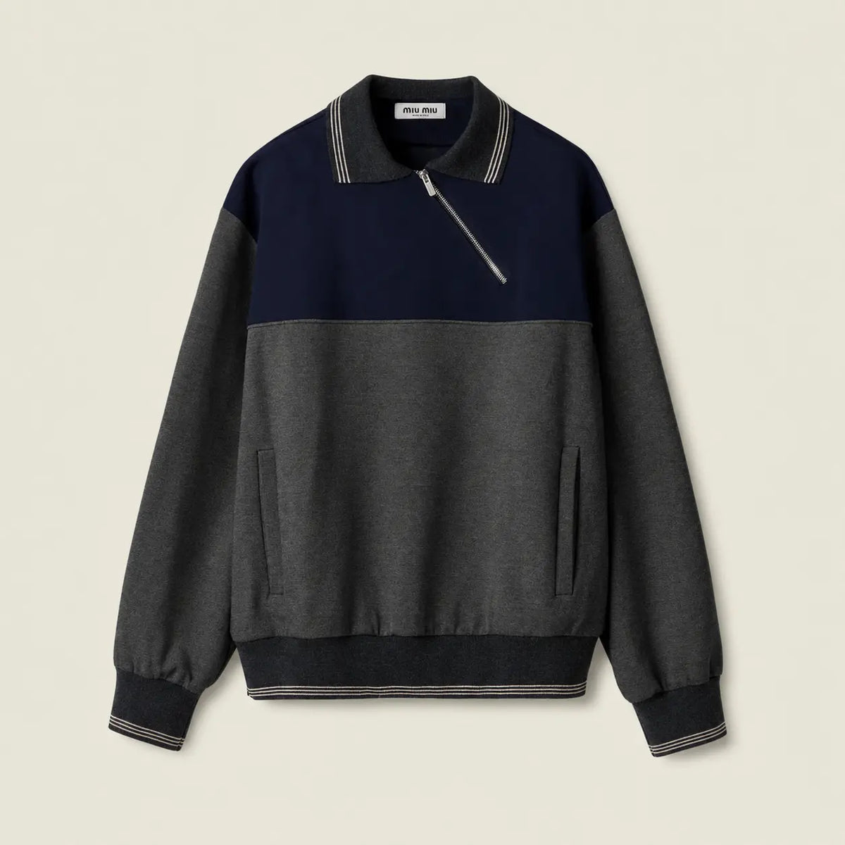 Polo-Neck Zipped Sweatshirt — Gray/Navy