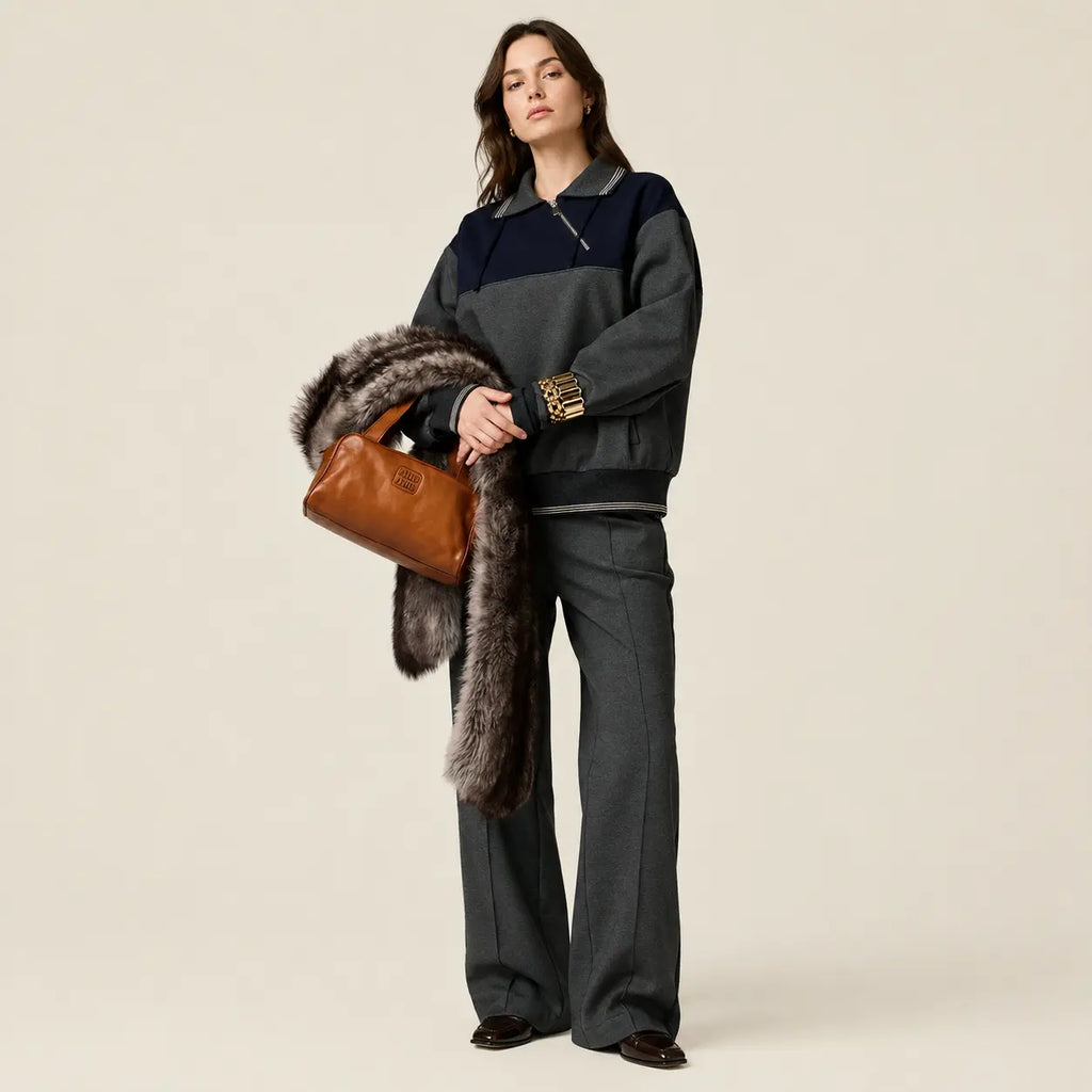 Polo-Neck Zipped Sweatshirt — Gray/Navy