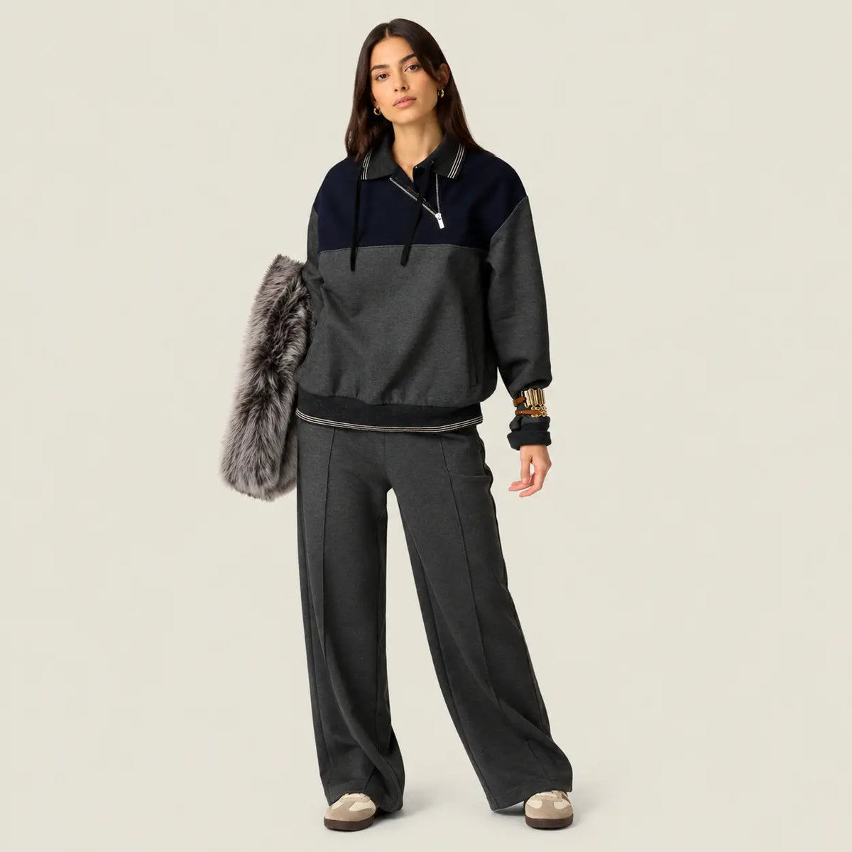 Polo-Neck Zipped Sweatshirt — Gray/Navy