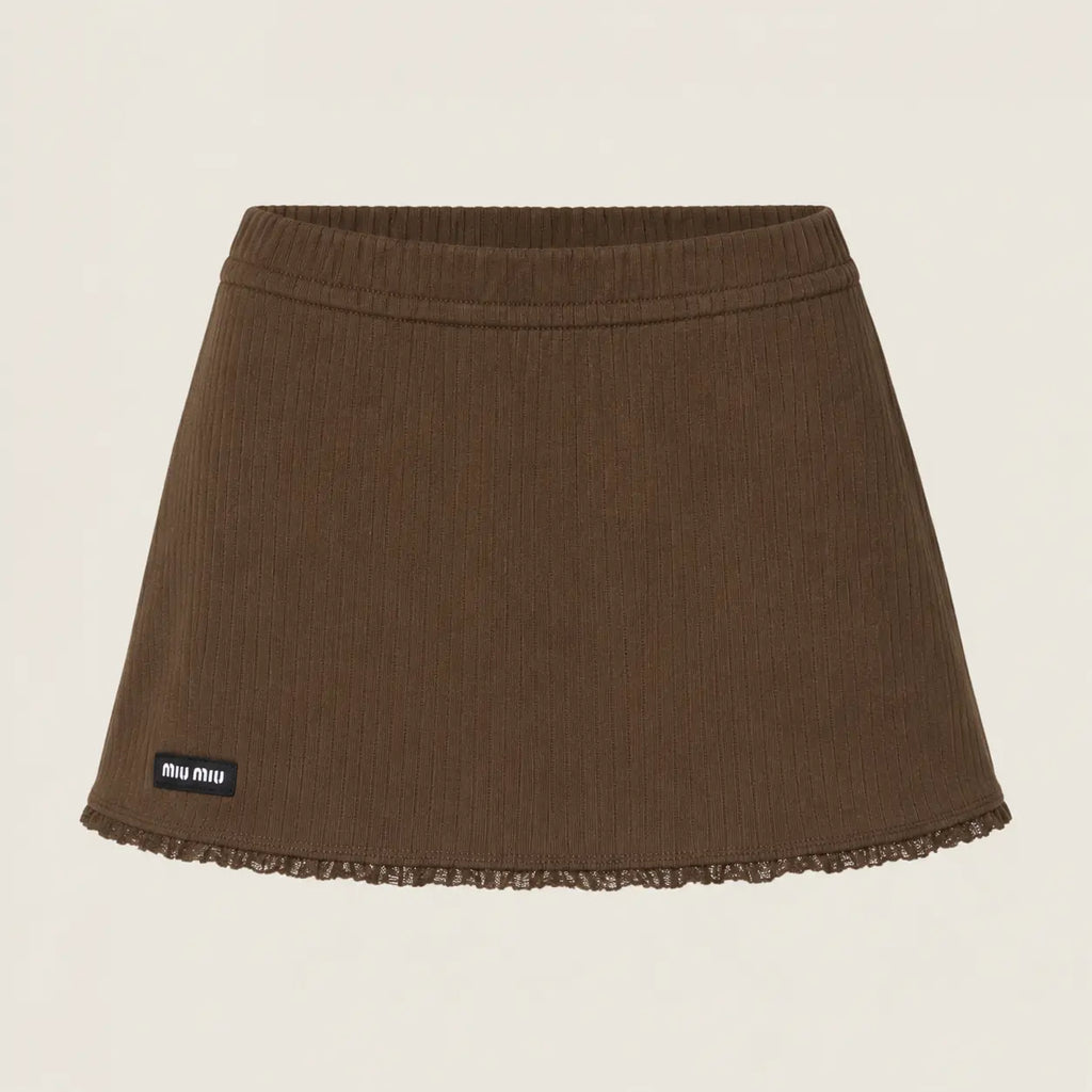 Brown Ribbed Tank Top and Skirt Set
