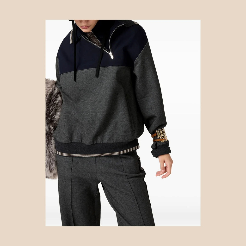 Polo-Neck Zipped Sweatshirt — Gray/Navy