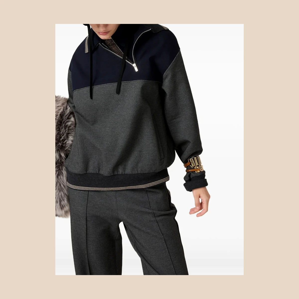 Polo-Neck Zipped Sweatshirt — Gray/Navy