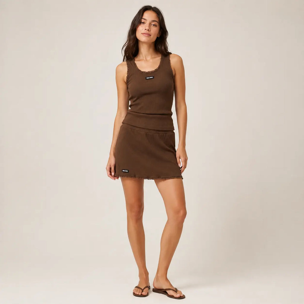 Brown Ribbed Tank Top and Skirt Set