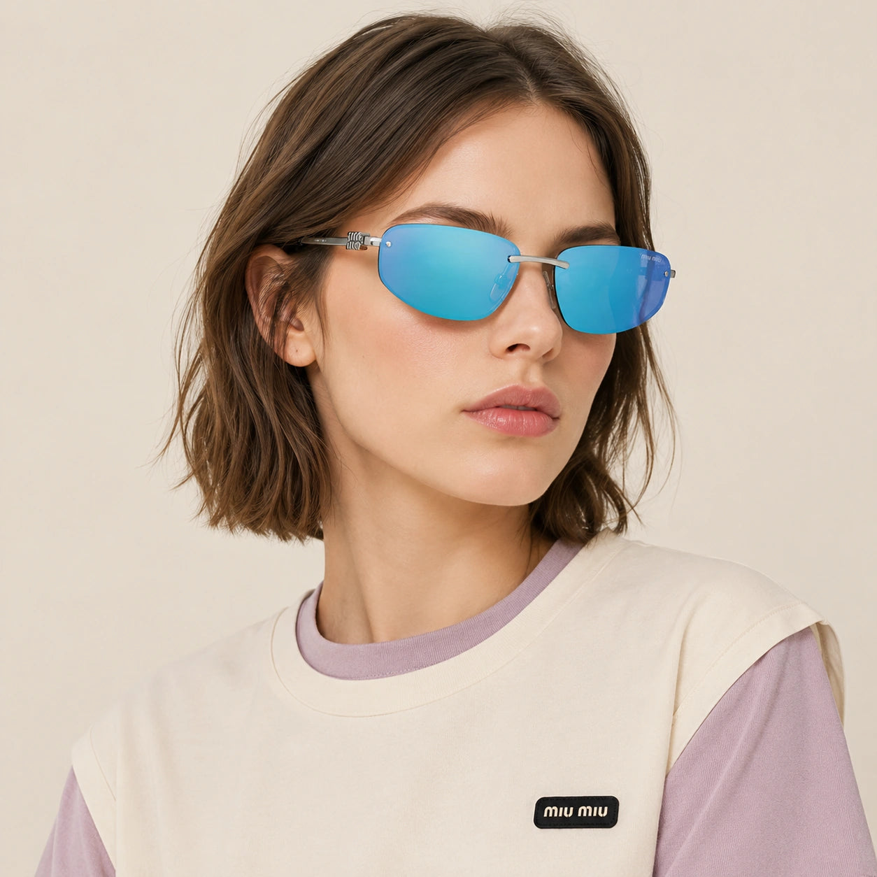 0MU A50S Oval Sunglasses -Silver-Light Green Mirror Blue