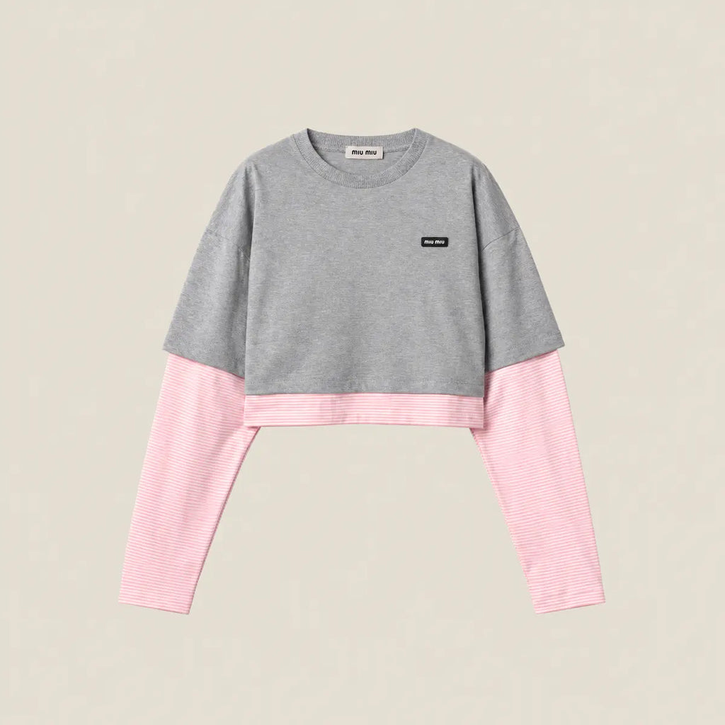 Layered Cotton Jersey T-Shirt — Grey & Begonia Pink