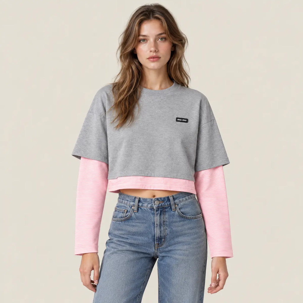 Layered Cotton Jersey T-Shirt — Grey & Begonia Pink