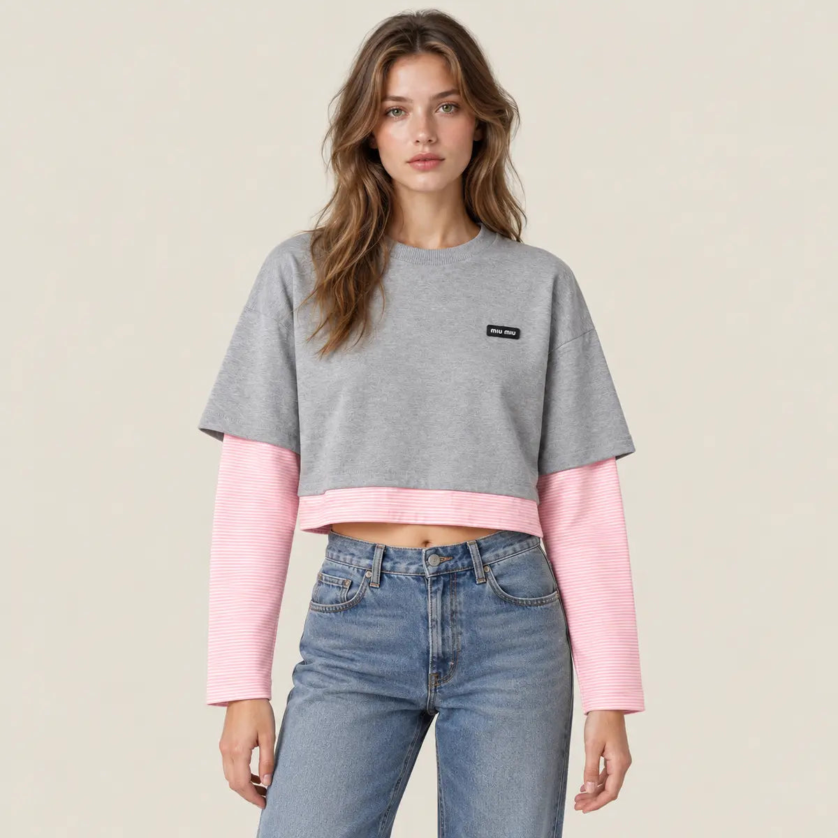 Layered Cotton Jersey T-Shirt — Grey & Begonia Pink